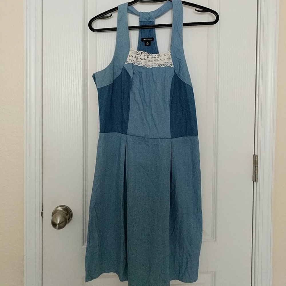 Diffent patches of denim dress with vitage lace.